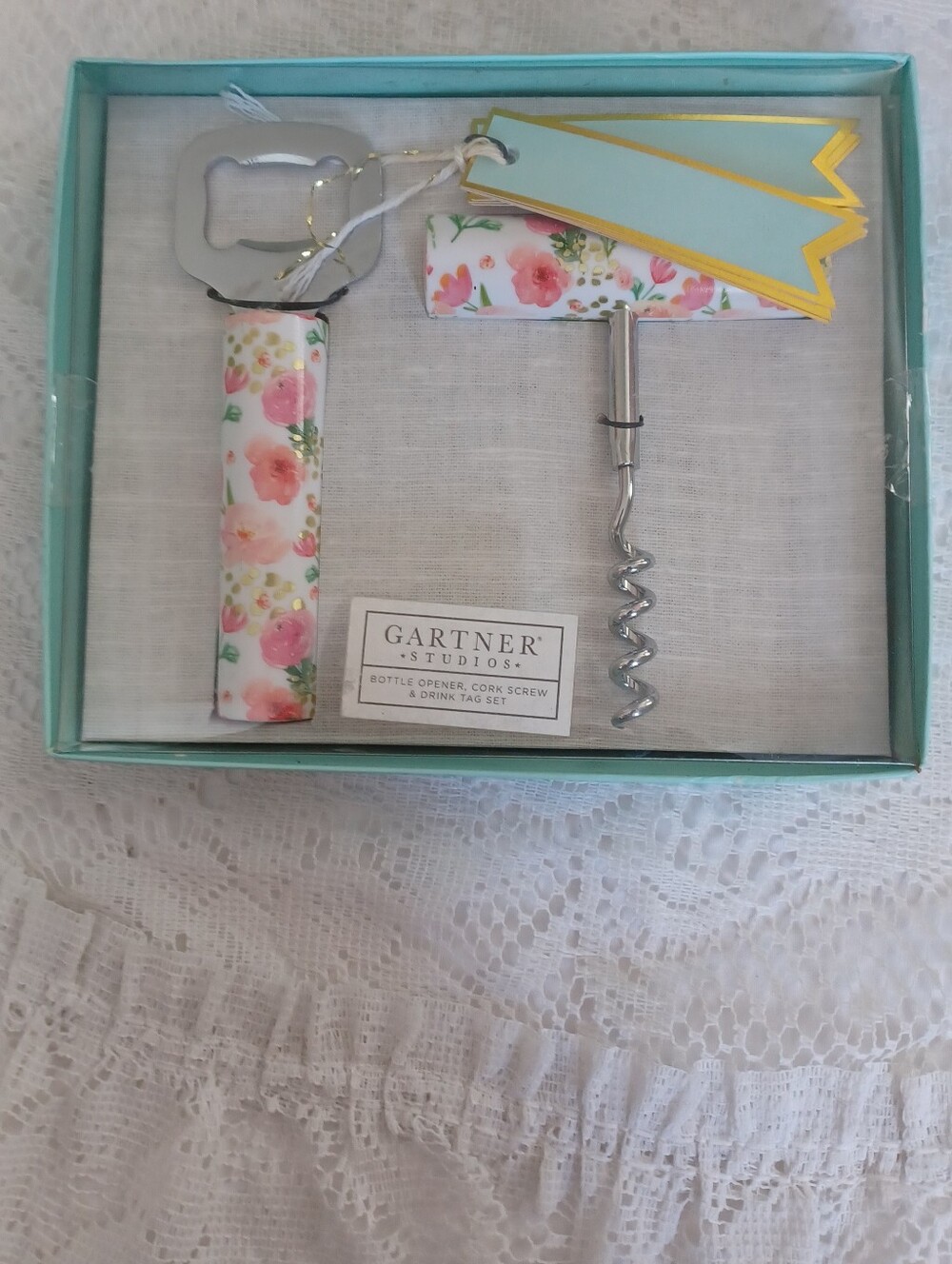 Gartner Studios 3-Piece Set Bottle Opener, Cork Screw & Drink Tags Floral Handle